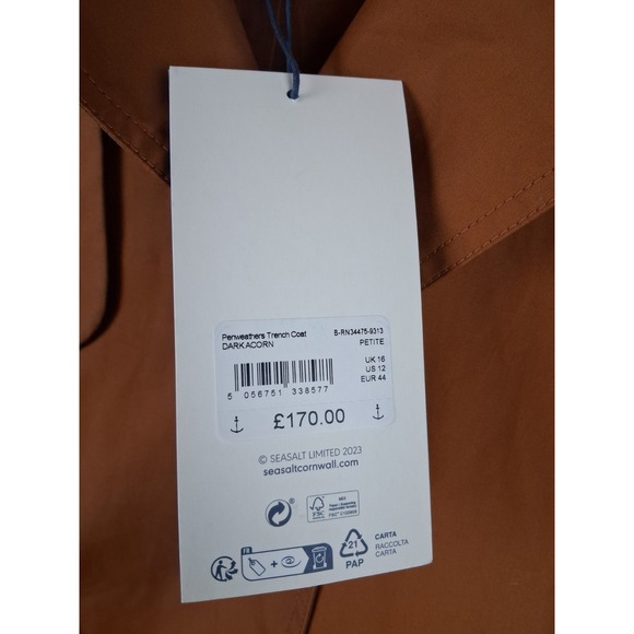NEW Seasalt Cornwall Coat 12P Brown Organic Tin Cloth Rain Trenchcoat Penweather - Picture 9 of 13